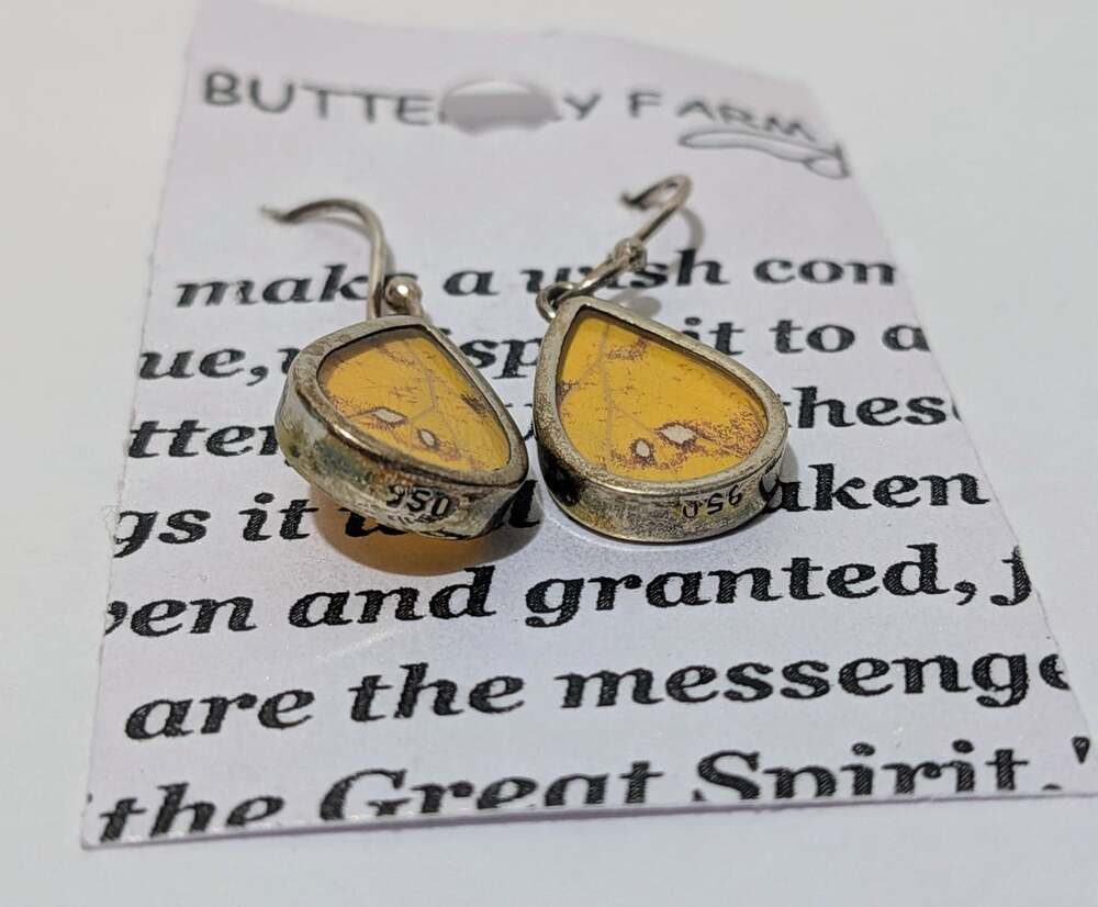 Vintage Butterfly Wing Earrings 950 Silver Real Butterfly Wings Dangle Drop Hook